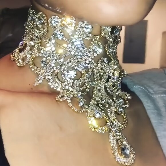 Intricate Silver and Gold Floral Necklace with Crystals - Picture 1 of 3